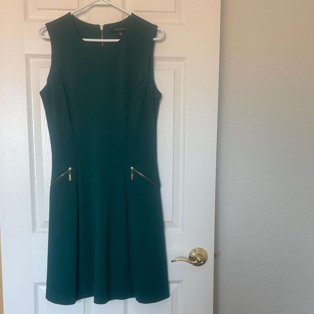 Sharagano Teal Sleeveless Midi Dress with Zipper Details